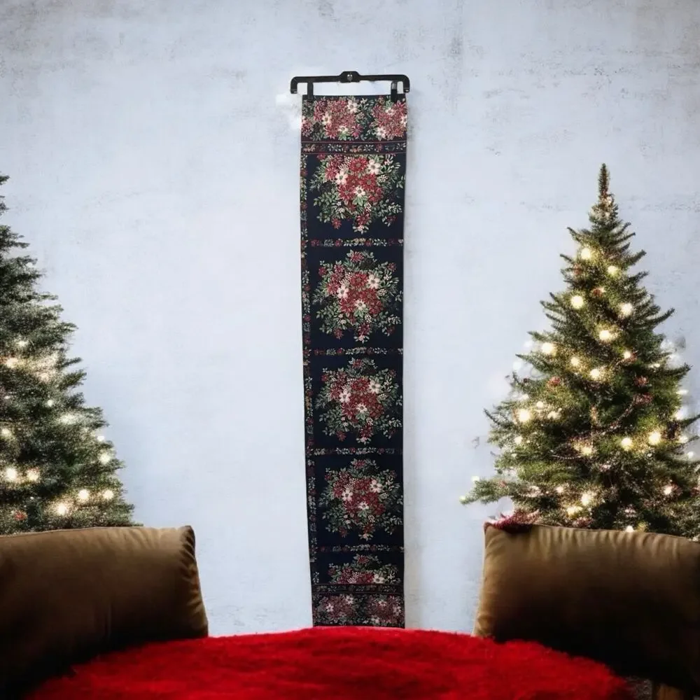 April Cornell Christmas Burgundy Pink Poinsettia Navy Blue Cotton Table Runner